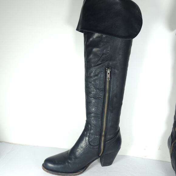 Frye Women's Jane US6,5B Black Leather Fold Over Pull On Knee High Riding Boots - Picture 5 of 16